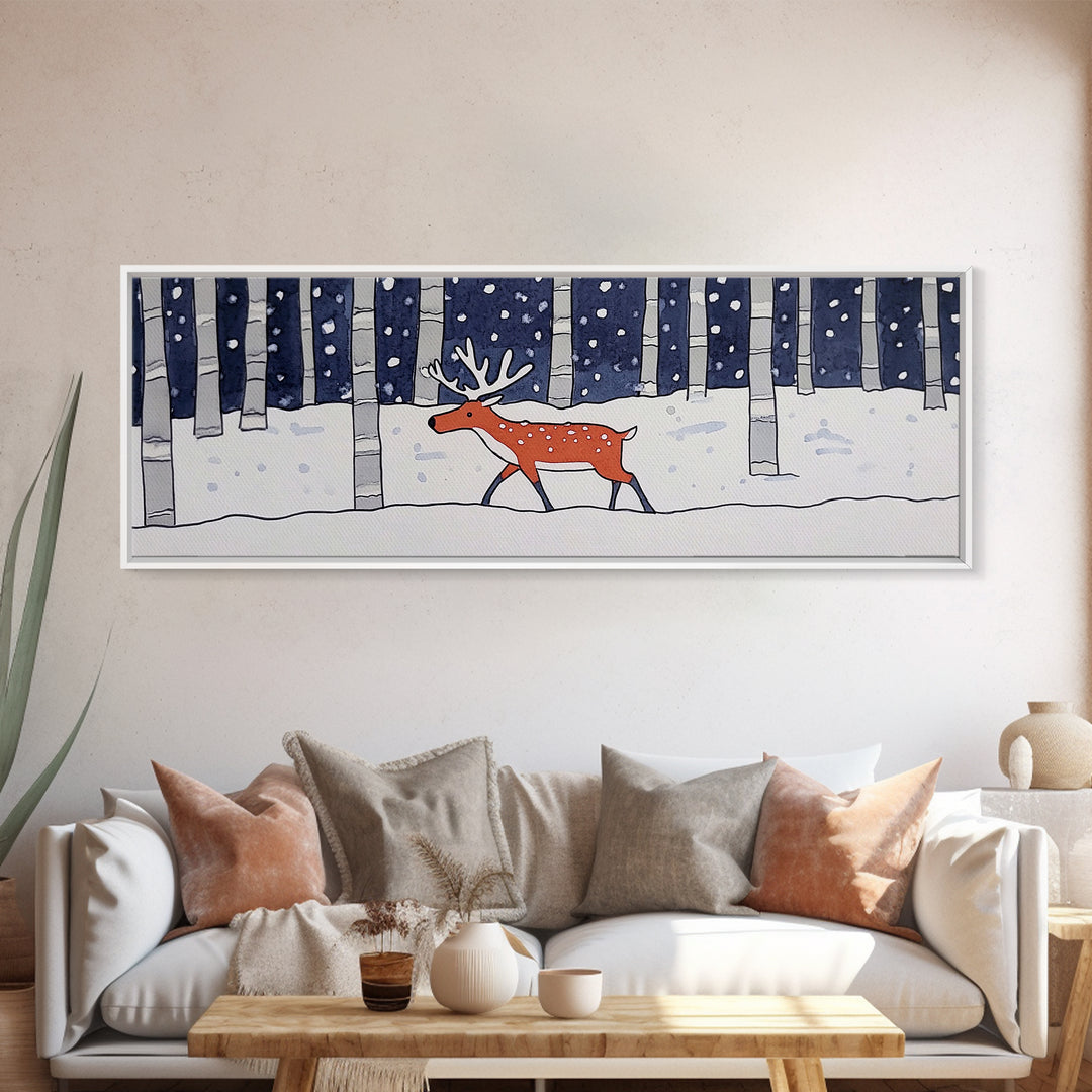 Snowy Birch Forest Reindeer Wall Art, Whimsical Woodland Animal Print, Winter Nursery Decor, Rustic Cabin Home Decor Gift