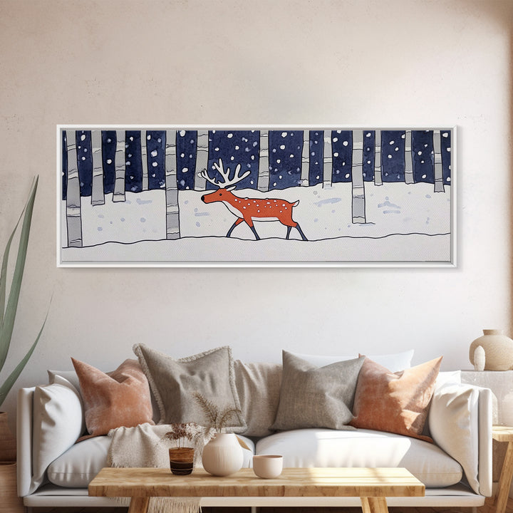 Snowy Birch Forest Reindeer Wall Art, Whimsical Woodland Animal Print, Winter Nursery Decor, Rustic Cabin Home Decor Gift