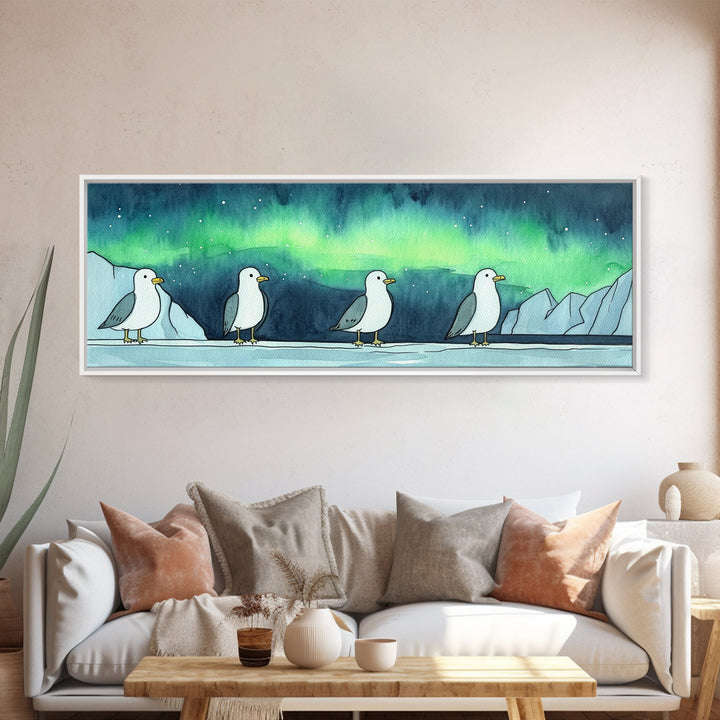 Northern Lights Penguin Wall Art, Cute Arctic Animal Print, Whimsical Nursery Decor, Coastal Ocean Home Decor Gift For Her