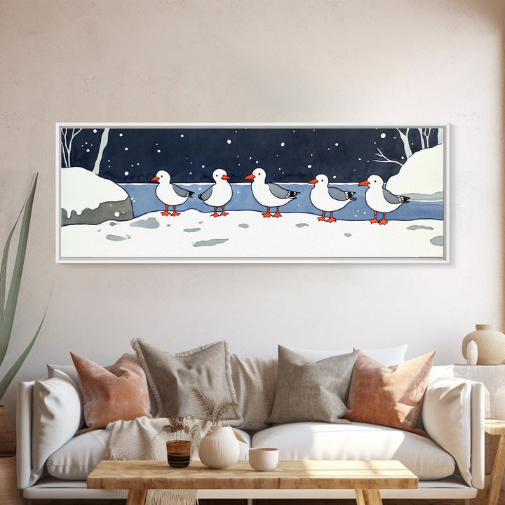Snowy Ducks In Winter Pond Wall Art, Whimsical Bird Print, Farmhouse Cabin Decor, Cute Animal Nursery Wall Decor Gift Idea