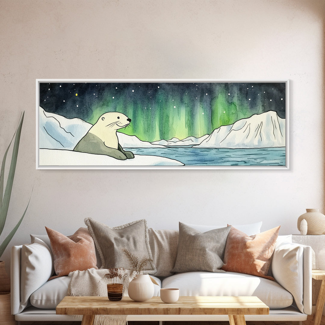 Polar Bear Northern Lights Wall Art, Arctic Wildlife Print, Winter Landscape Decor, Coastal Ocean Nursery Wall Decor Gift