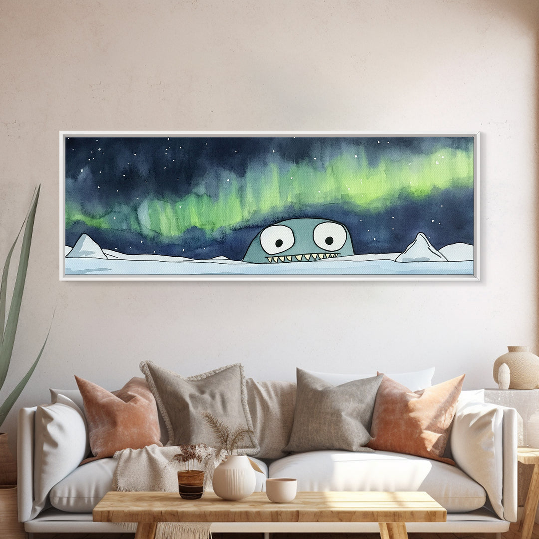 Cute Sea Monster Northern Lights Wall Art, Whimsical Arctic Print, Kids Room Decor, Playroom Nursery Wall Decor Gift For Kids