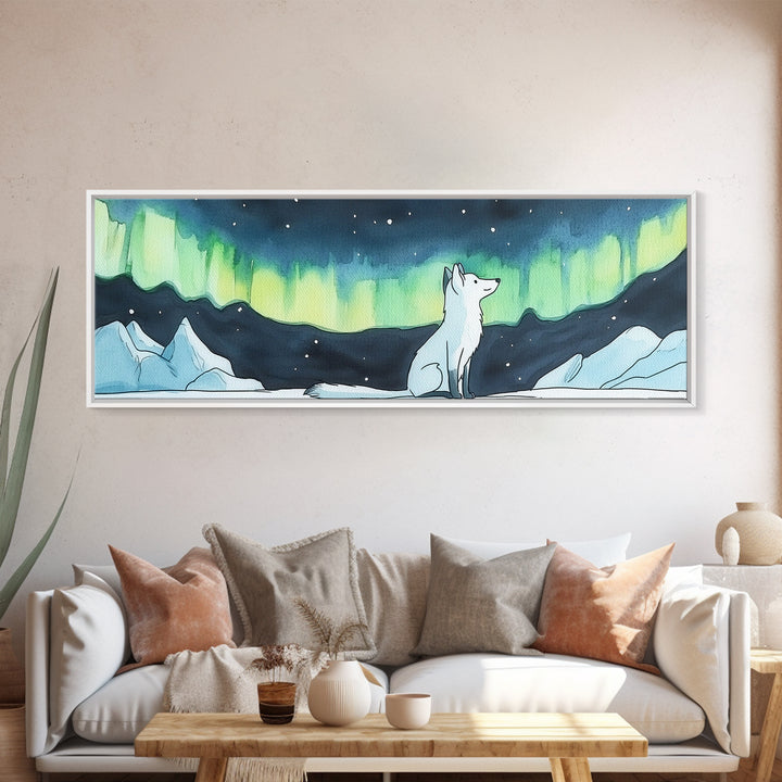 Arctic Fox Under Green Northern Lights Canvas Print, Aurora Borealis Wall Decor, Winter Nursery Art, Celestial Nature Gift