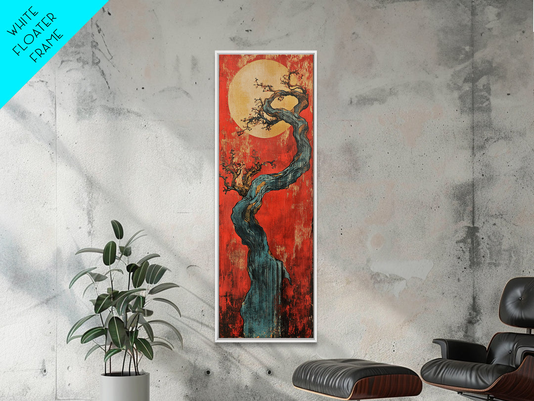 Twisted Blue Tree And Full Moon Framed Canvas Print, Japanese Wall Art, Red Sunset Decor, Long Narrow Statement Artwork Print