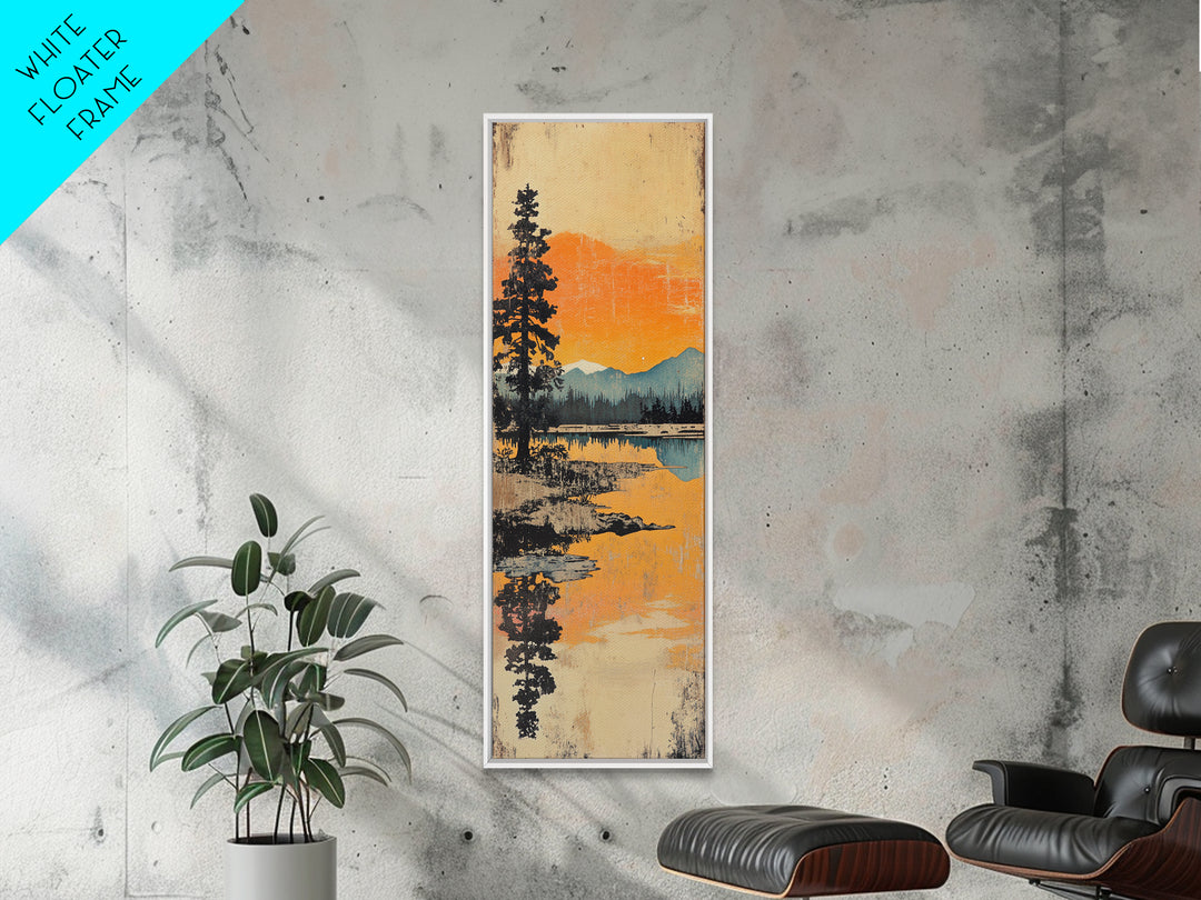 Orange Mountain Lake Reflection Canvas Print, Japanese Landscape Wall Art, Pine Forest Decor, Serene Sunset Living Room Art