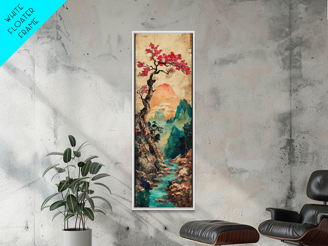 Cherry Blossom Mountain River Canvas Print, Japanese Landscape Wall Art, Teal Nature Decor, Romantic Spring Home Decor Print
