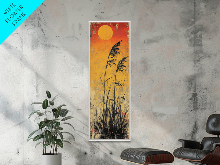 Golden Sun Reeds Silhouette Wall Art, Japanese Minimalist Print, Warm Orange Decor, Long Narrow Boho Canvas Print Home Decor