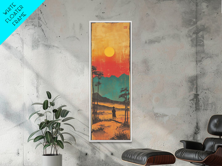 Lone Figure At Sunset Mountain Lake Framed Canvas Print, Japanese Landscape Wall Art, Moody Nature Decor, Vertical Poster
