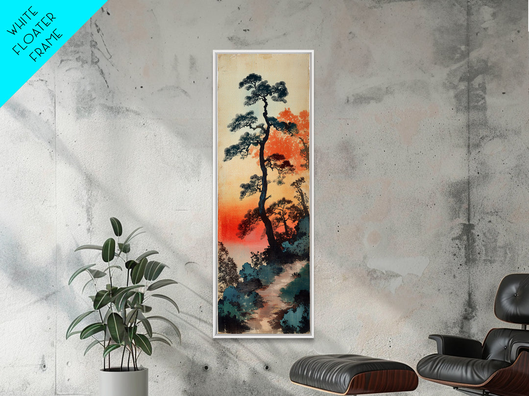 Tall Pine Trees At Sunset Wall Art, Japanese Forest Landscape Print, Misty Nature Decor, Long Vertical Canvas Print Home Decor