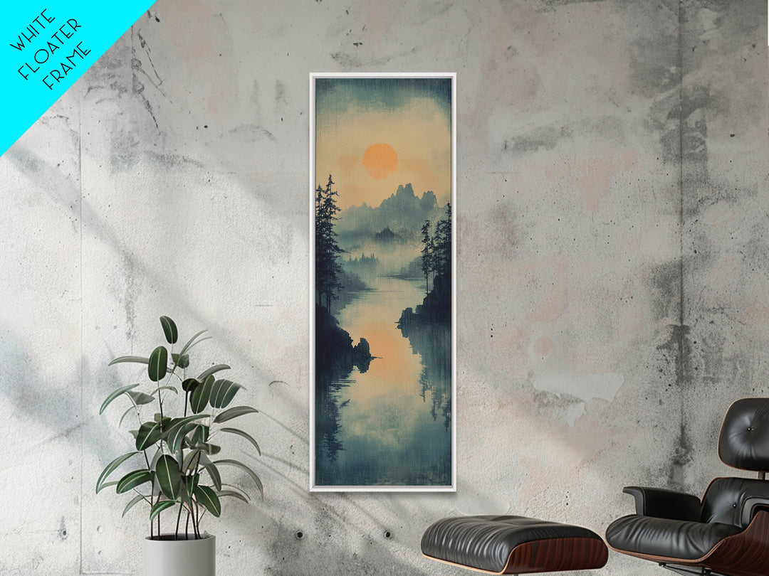 Misty Pine Lake Sunset Wall Art, Japanese Landscape Print, Moody Mountain Decor, Calming Nature Art For Living Room Wall Decor