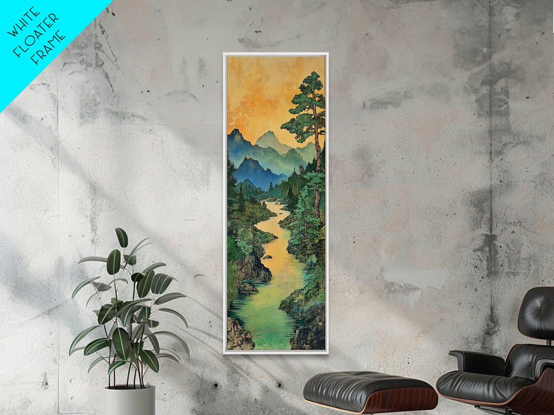 Turquoise River Mountain Landscape Wall Art, Japanese Nature Print, Rustic Cabin Decor, Large Canvas Wall Art For Living Room