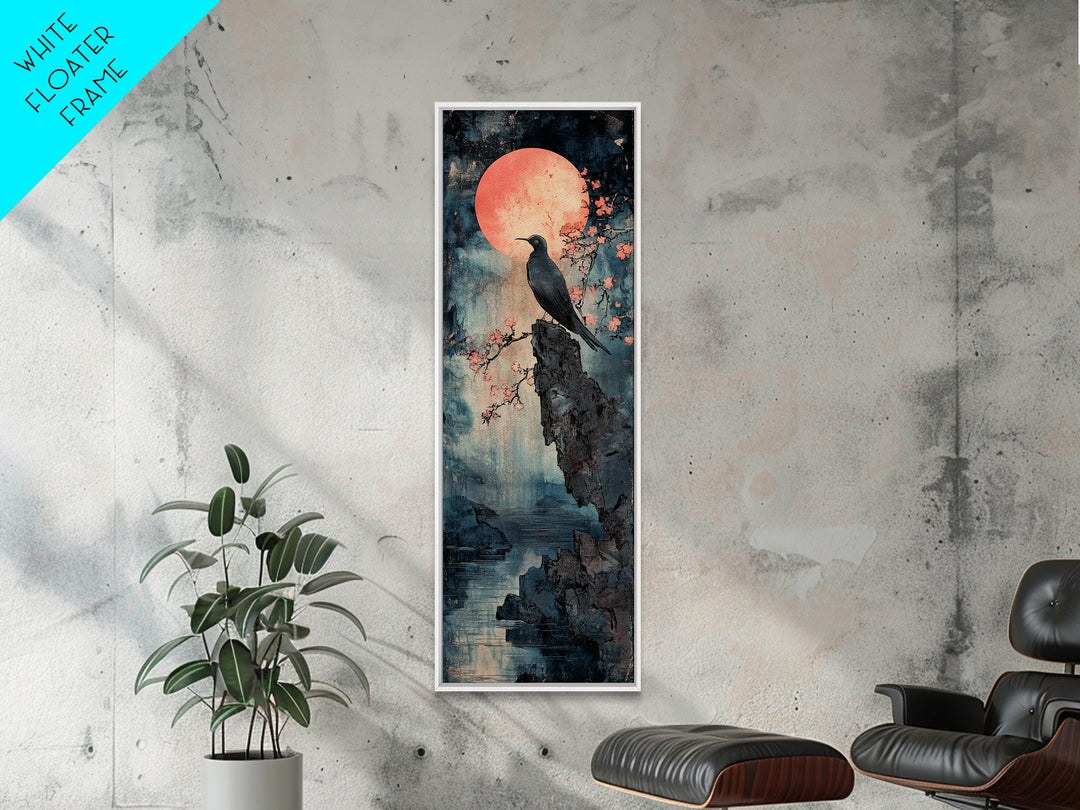 Black Bird By Pink Moon, Japanese Seascape Wall Art, Cherry Blossom Print, Moody Coastal Decor, Large Canvas Wall Art For Living Room