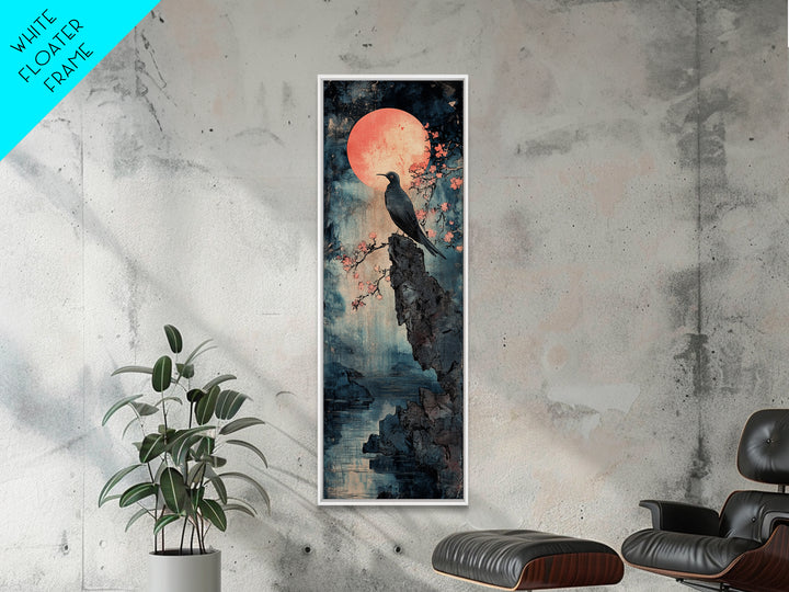Black Bird By Pink Moon, Japanese Seascape Wall Art, Cherry Blossom Print, Moody Coastal Decor, Large Canvas Wall Art For Living Room