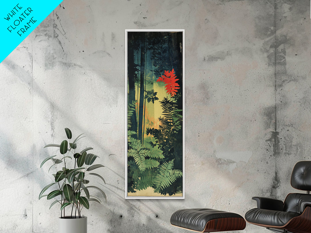 Dark Forest Ferns With Red Maple Glow Wall Art, Botanical Nature Print, Moody Woodland Decor, Large Framed Canvas Print For Spa Decor