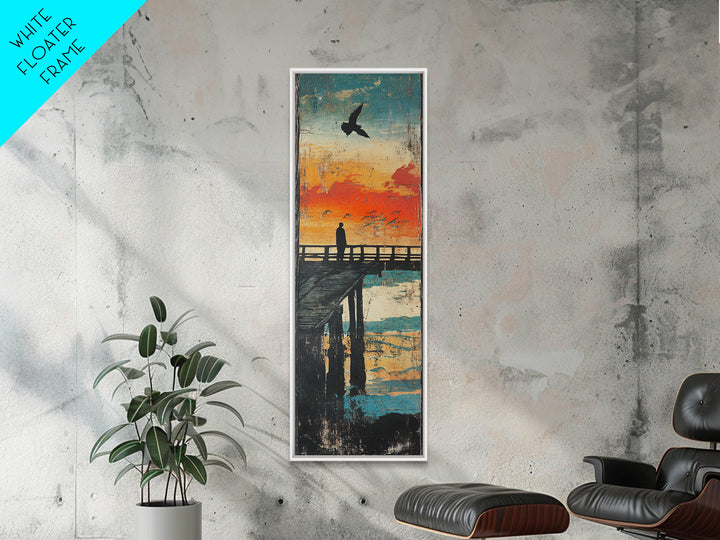 Sunset Pier Silhouette Framed Canvas Print, Coastal Wall Art, Ocean Landscape Art, Seaside Wall Decor, Living Room Decor