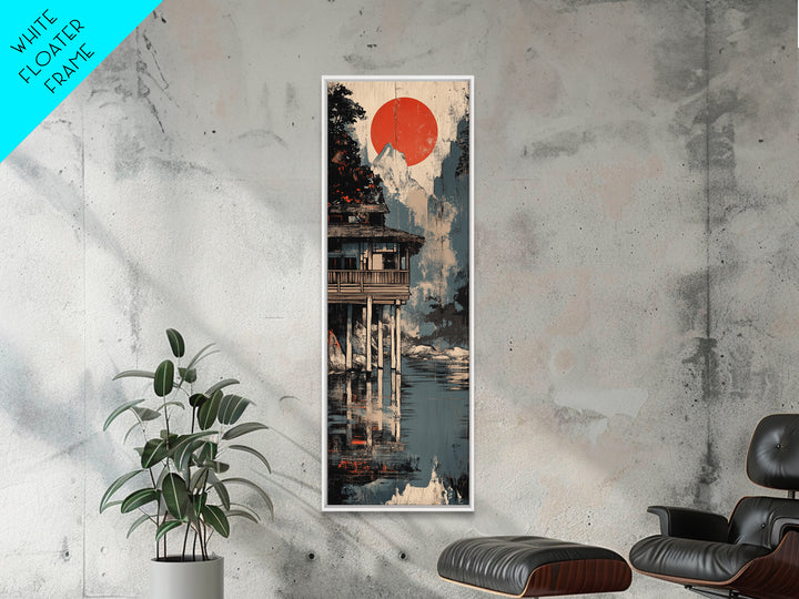 Mountain Lake Cabin Canvas Print, Japanese Wall Art, Japandi Wall Decor, Serene Landscape Art, Modern Coastal Home Decor