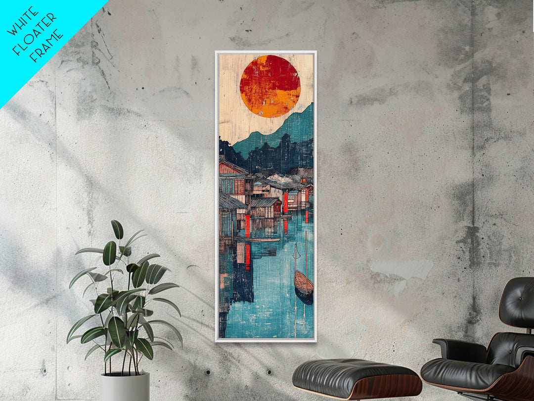 Harbor Village At Sunset Framed Canvas Print, Japanese Wall Art, Mountain Lake Decor, Asian Landscape Print, Coastal Home Decor