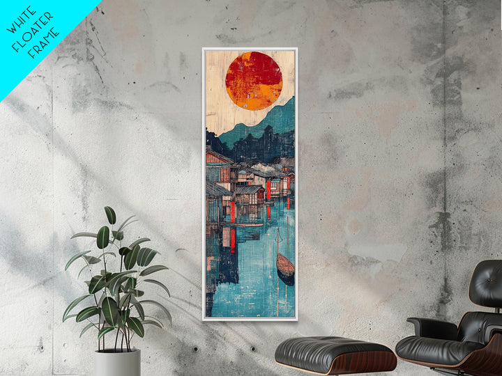 Harbor Village At Sunset Framed Canvas Print, Japanese Wall Art, Mountain Lake Decor, Asian Landscape Print, Coastal Home Decor