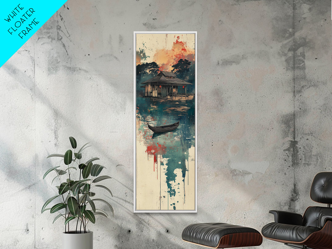 Floating Lake House Canvas Print, Misty Japanese Wall Art, Serene Boat Landscape, Japandi Decor, Peaceful Coastal Wall Decor