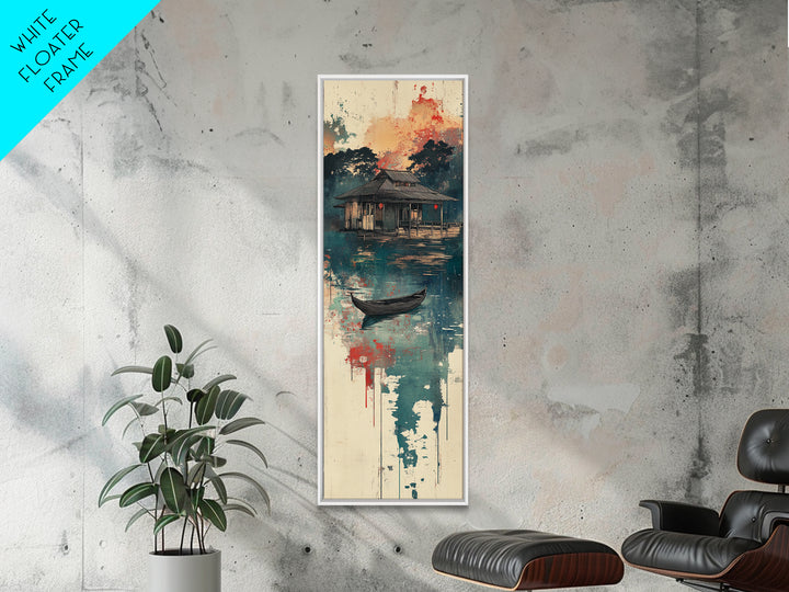 Floating Lake House Canvas Print, Misty Japanese Wall Art, Serene Boat Landscape, Japandi Decor, Peaceful Coastal Wall Decor