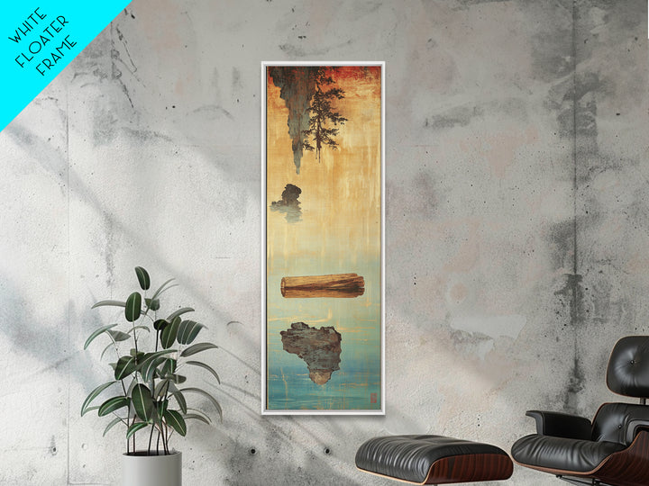 Floating Log And Stone Canvas Print, Japanese Zen Landscape Wall Art, Rustic Wabi Sabi Decor For Serene Living Room Decor