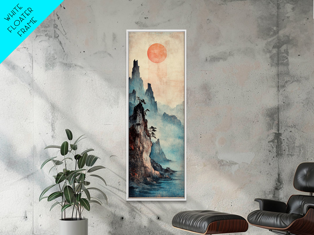 Red Sun Misty Mountain Wall Art, Japanese Landscape Canvas Print, Moody Asian Decor, Serene Nature Art For Living Room Decor