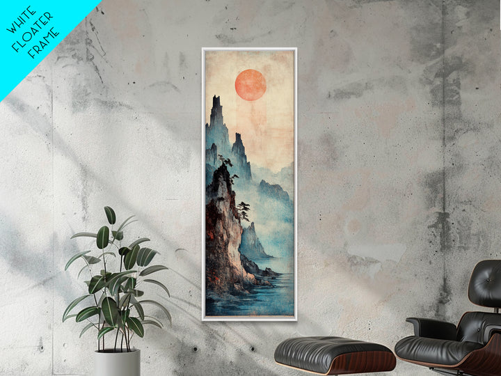 Red Sun Misty Mountain Wall Art, Japanese Landscape Canvas Print, Moody Asian Decor, Serene Nature Art For Living Room Decor
