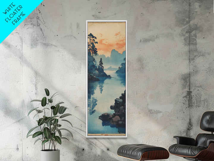 Blue Lake And Pine Forest Wall Art, Japanese Landscape Canvas Print, Serene Coastal Nature Decor For Living Room Above Sofa Decor
