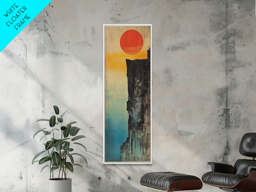 Red Sun Cliff Canvas Print, Japanese Wabi Sabi Landscape Wall Art, Minimalist Asian Decor For Modern Living Room Above Sofa
