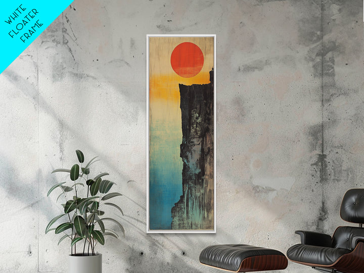 Red Sun Cliff Canvas Print, Japanese Wabi Sabi Landscape Wall Art, Minimalist Asian Decor For Modern Living Room Above Sofa