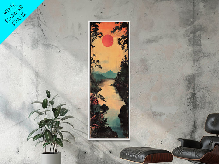 Red Sun River Wall Art, Japanese Pine Landscape Canvas Print, Serene Mountain Lake Decor For Living Room Above Sofa Wall Decor