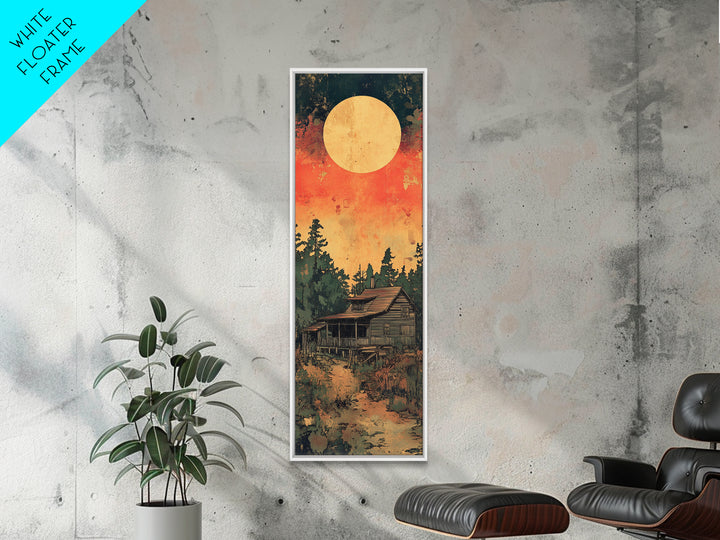 Rustic Cabin Moon Canvas Print, Japanese Forest Wall Art, Orange Sunset Landscape Decor For Cozy Cabin Living Room Wall Decor