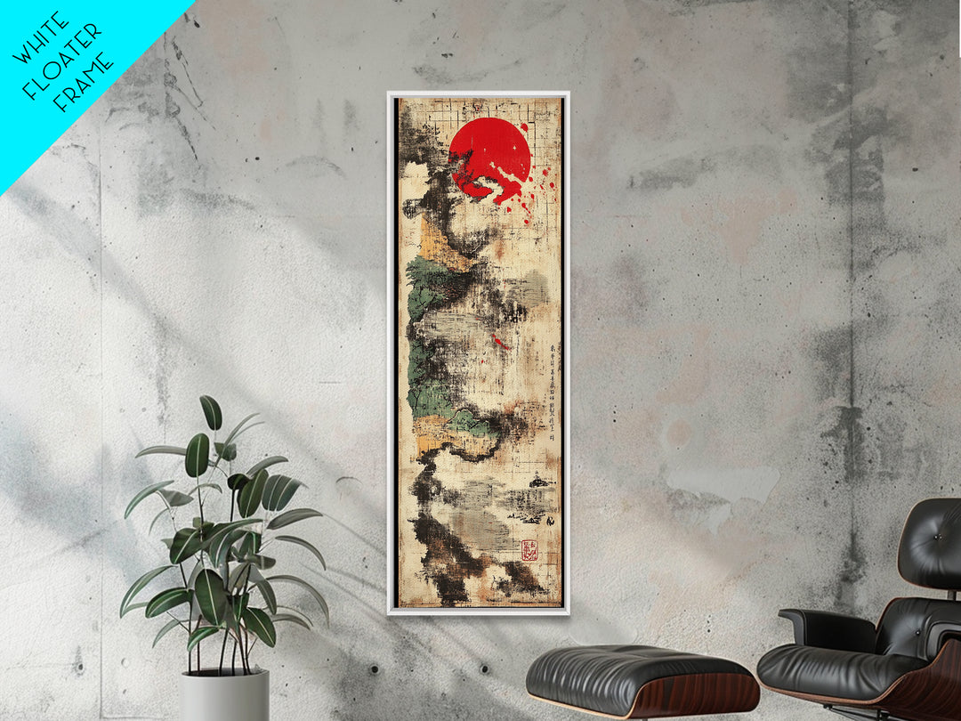 Abstract Sumi Ink Red Sun Wall Art, Japanese Minimalist Canvas Print, Wabi Sabi Decor, Modern Zen Office Wall Decor For Entryway