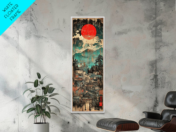 Red Sun Mountain Town Wall Art, Japanese Landscape Canvas Print, Rustic Wabi Sabi Decor, Teal Blue Living Room Wall Art Print