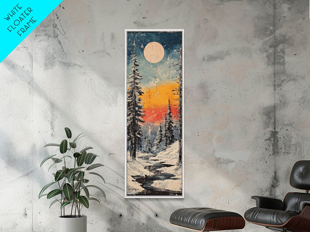 Snowy Pine Forest Moonrise Wall Art, Winter Landscape Canvas Print, Cozy Cabin Decor, Japandi Nature Art For Living Room