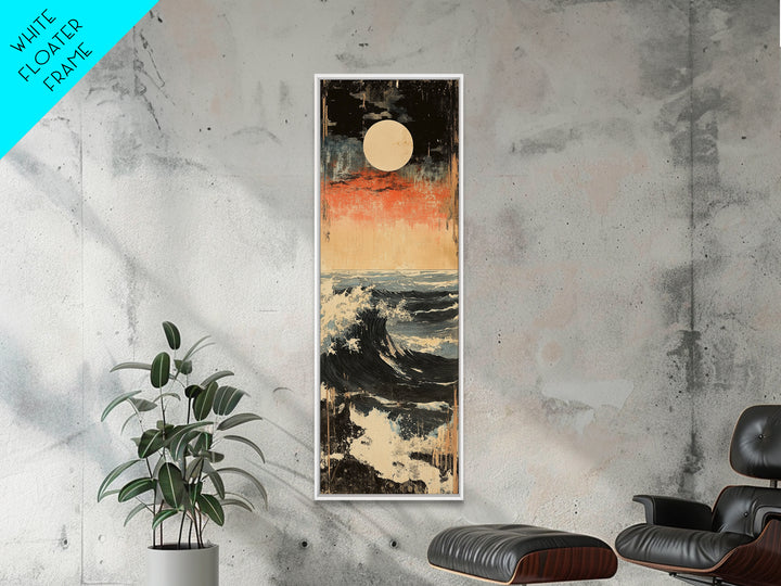 Full Moon Ocean Wave Wall Art, Japanese Seascape Canvas Print, Moody Coastal Decor, Blue Nautical Art For Living Room Decor