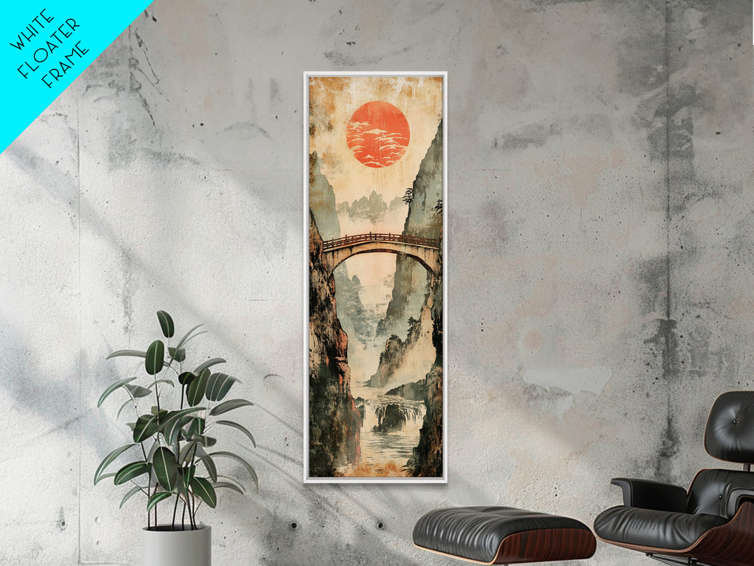 Misty Gorge Bridge And Red Sun Canvas Print, Japanese Landscape Wall Art, Zen Home Decor, Waterfall Art, Japandi Wall Decor