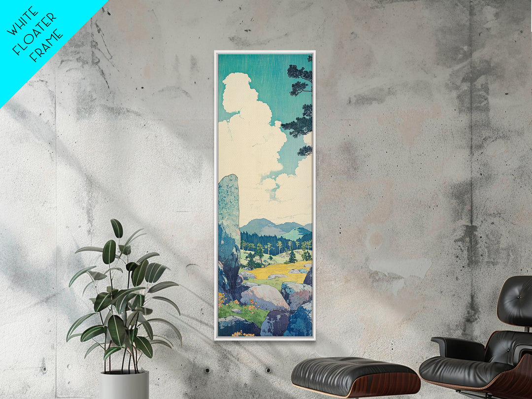 Blue Sky Cloud Meadow And Stone Wall Art, Japanese Landscape Canvas Print, Minimalist Nature Art, Serene Decor, Japandi Print