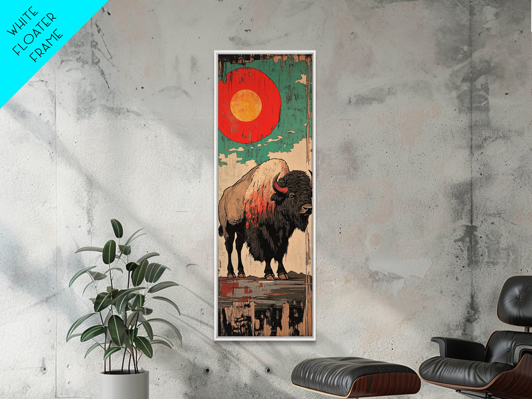 Red Sun Bison Wall Art, Bold Western Buffalo Canvas Print, Rustic Lodge Decor, Teal Desert Artwork, Housewarming Gift, Man Cave Decor