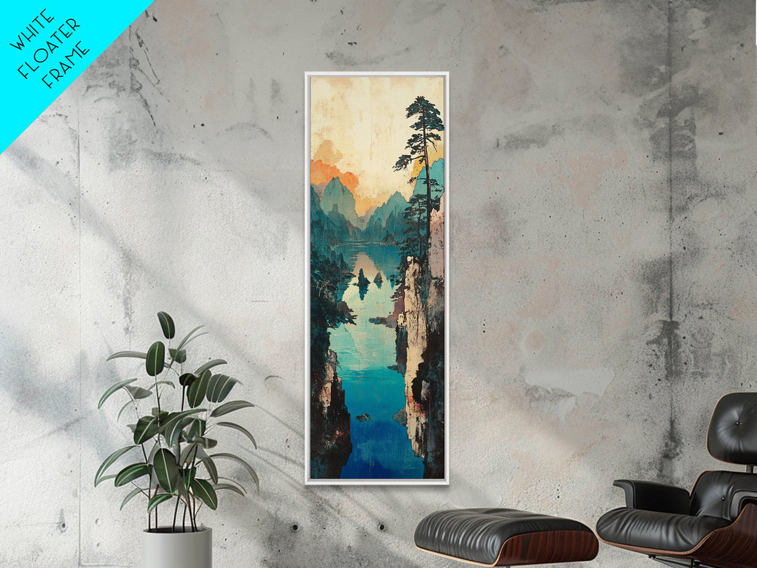 Turquoise Mountain Gorge Wall Art, Serene Lake Landscape Canvas Print, Japandi Nature Decor, Large Living Room Wall Art Print
