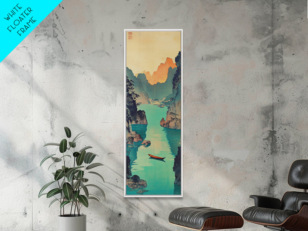 Red Boat Canyon Wall Art, Turquoise River Landscape Framed Canvas Print, Japanese Coastal Decor, Serene Nature Art For Living Room