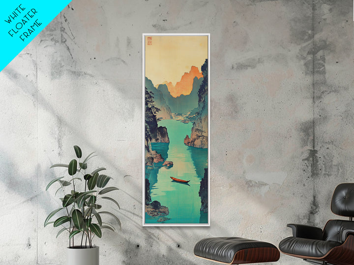 Red Boat Canyon Wall Art, Turquoise River Landscape Framed Canvas Print, Japanese Coastal Decor, Serene Nature Art For Living Room