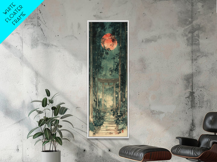 Red Moon Forest Shrine Wall Art, Mystical Torii Gate Canvas Print, Japanese Zen Decor, Dark Green Celestial Wall Art, Meditation Decor