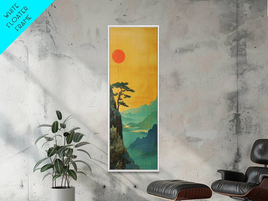 Orange Sun Cliff Pine Mountain Wall Art, Japanese Landscape Canvas Print, Japandi Home Decor, Long Narrow Wall Decor Gift