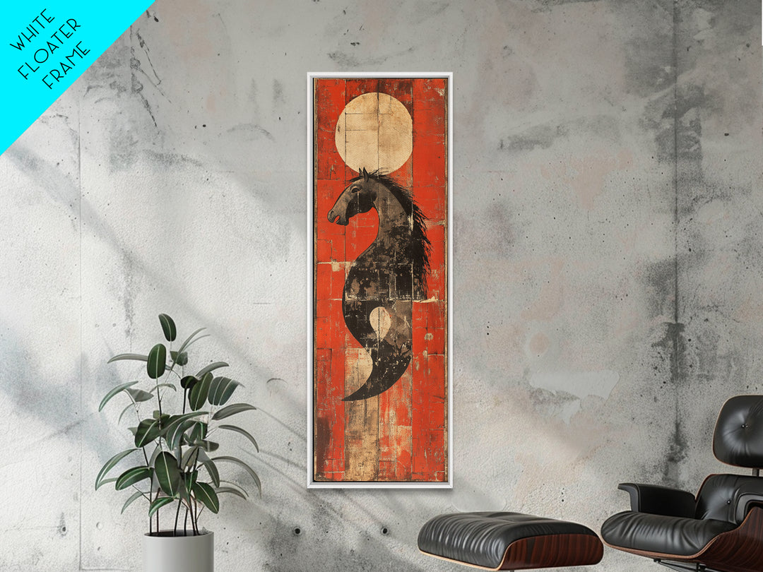 Black Horse Yin Yang Red Canvas Print, Japanese Equestrian Wall Art, Western Modern Decor, Long Narrow Wall Decor Gift For Him