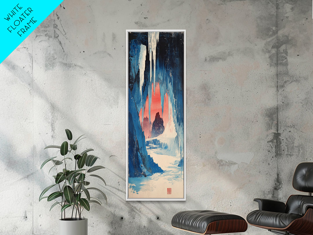 Blue Ice Cave Figure Canvas Print, Japanese Fantasy Wall Art, Moody Winter Landscape Decor, Long Narrow Wall Decor Gift For Her