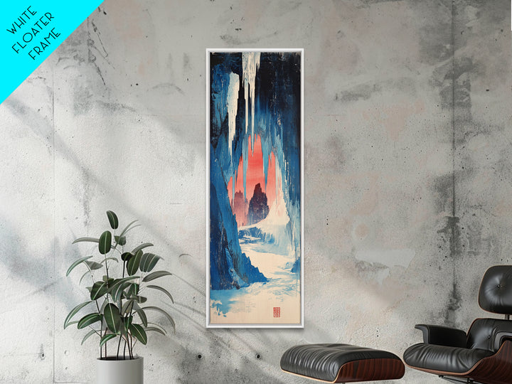 Blue Ice Cave Figure Canvas Print, Japanese Fantasy Wall Art, Moody Winter Landscape Decor, Long Narrow Wall Decor Gift For Her