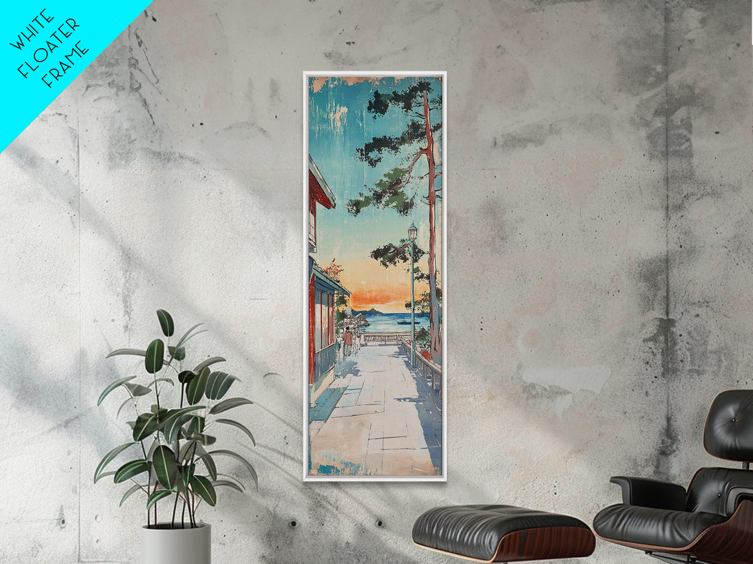 Japanese Seaside Village Sunset Wall Art, Coastal Landscape Canvas Print, Japandi Home Decor, Long Narrow Wall Decor Gift