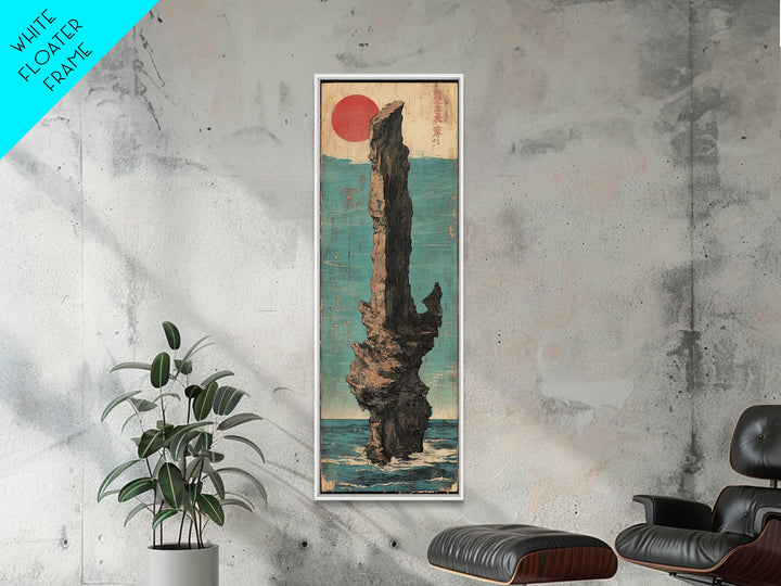 Red Sun Sea Stack Wall Art, Japanese Coastal Canvas Print, Dramatic Ocean Rock Landscape Print, Japandi Living Room Decor