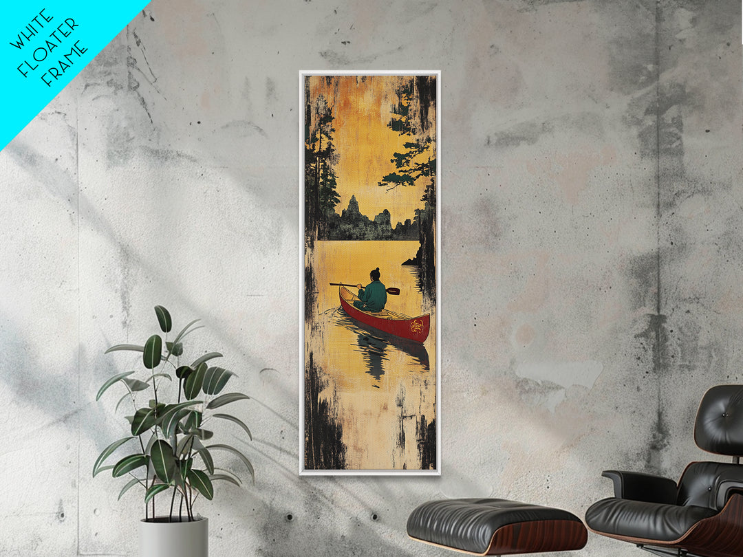 Golden Sunset Canoe Lake Wall Art, Rustic Cabin Canvas Print, Forest Landscape Decor, Peaceful Nature Art For Living Room